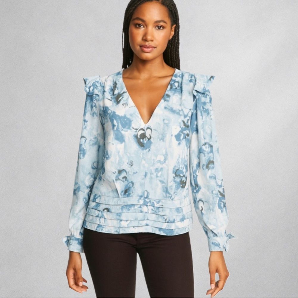 White House Black Market Womens Blue Watercolor Blouse 14 Ruffle Long Sleeve
